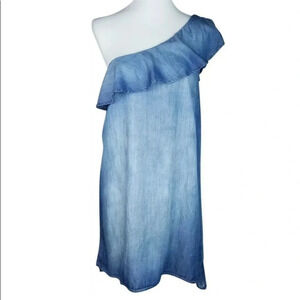 Cloth & Stone Size S Blue Chambray One Shoulder Ruffle Shift Dress
